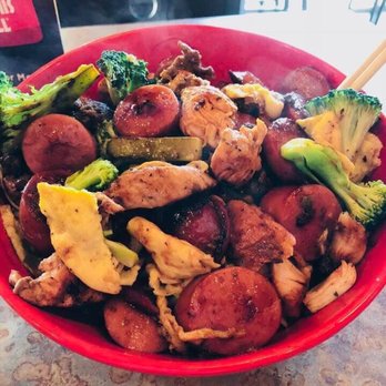 Genghis Grill - Medium bowl with sausage, chicken, steak, veggies & rice. - Mongolian Near Me - Rockwall, Texas