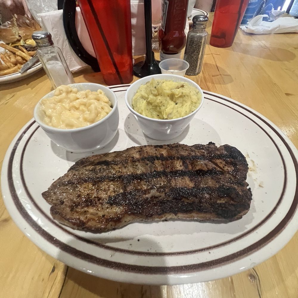 Gouda Mac n cheese, steak and mashed potatoes. Gouda Mac n cheese, steak and mashed potatoes.