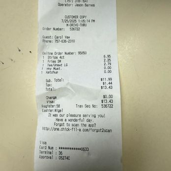 Chick-fil-A - First time I've ever had a problem with a mobile order here. Ordered & paid for 4 chicken strips. Got 3, one was tiny - Fast Food Near Me - Virginia Beach, Virginia