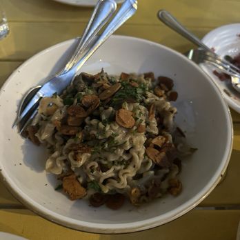 L'Oca d'Oro - Mafaldine - Lion's Mane conserva, mushroom purée, candied almonds - Italian Near Me - Austin, Texas L'Oca d'Oro - Mafaldine - Lion's Mane conserva, mushroom purée, candied almonds - Italian Near Me - Austin, Texas