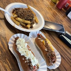 Brandi's World Famous Hot Dogs - Chili cheese fries with a chili cheese dog and the slaw dog