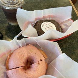 Strawberry bagel and banana bread. Iced coffee with a courtesy refill from owner for a hard day :) Strawberry bagel and banana bread. Iced coffee with a courtesy refill from owner for a hard day :)