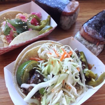 Marination Ma Kai - Fish and kolbi beef taco with musubis!! - Korean Near Me - Seattle, Washington Marination Ma Kai - Fish and kolbi beef taco with musubis!! - Korean Near Me - Seattle, Washington