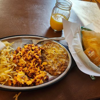 Irma's Mexican Restaurant - Huevos con chorizo and a sopapilla. - New Mexican Cuisine Near Me - Deming, New Mexico