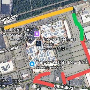 Tanger Outlets Deer Park - Parking Yellow area, Green Area and Red area - Outlet Stores Near Me - Deer Park, New York