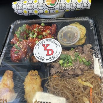 YD Togo Korean BBQ - Combo 3 - $18.99 rice & 5 sides  Japche 2 pcs. fried wings 4 pcs spicy wings beef bulgogi 2pcs. chives pancake. $9.99 beef bulgogi kimbap. - Korean Near Me - Sacramento, California