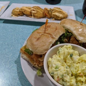 Southern Diner - Shrimp Po'Boy & Potato Salad (Fried Green Tomatoes in the back) - Southern Near Me - Burien, Washington Southern Diner - Shrimp Po'Boy & Potato Salad (Fried Green Tomatoes in the back) - Southern Near Me - Burien, Washington