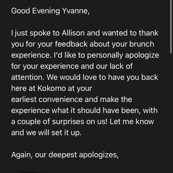 Kokomo - Email from manager asking us to come back after our first bad experience with hair in my food - Caribbean Near Me - Brooklyn, New York Kokomo - Email from manager asking us to come back after our first bad experience with hair in my food - Caribbean Near Me - Brooklyn, New York