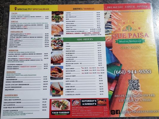 Menu photo 1 Que Paisa Littlerock, CA
