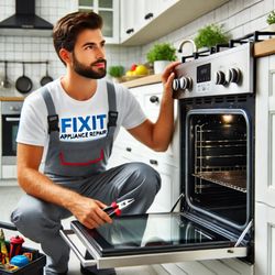 FixIt Appliance Repair - A technician working on a stove in a modern kitchen.