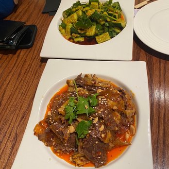Chengdu - Spicy Beef triple/tendon dish and cucumber salad dish in the back - Chinese Near Me - Tulsa, Oklahoma Chengdu - Spicy Beef triple/tendon dish and cucumber salad dish in the back - Chinese Near Me - Tulsa, Oklahoma