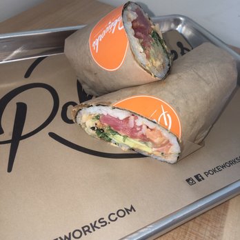 Pokeworks - Poké burrito with spicy tuna and salmon. Delicious and filling. - Poke Near Me - Bellevue, Washington Pokeworks - Poké burrito with spicy tuna and salmon. Delicious and filling. - Poke Near Me - Bellevue, Washington