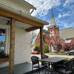 The Brickhouse Grind - Outdoor Patio with view of church