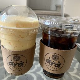 Mango bubble tea and iced coffee