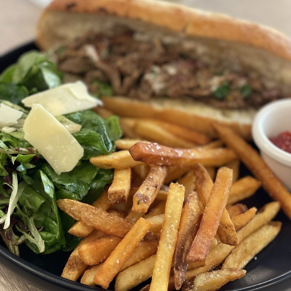 Borouge - Beef sandwich, believe it was called the Casablanca. Served with perfectly crispy fries and a pleasant side salad. - Cafes Near Me - Costa Mesa, California