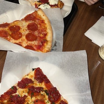 Brooklyn Square - top: reg pepperoni slice  bottom: spicy pepperoni - Pizza Near Me - Pasadena, California