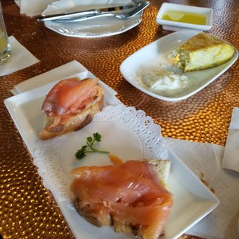 Bodega Spanish Tapas & Lounge - Pan con tomate y salmon (front) Tortilla espanola (back) - Tapas Bars Near Me - Washington, DC, District of Columbia