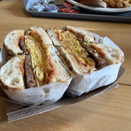 Egg and sausage and cheese on an everything bagel