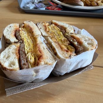 Snack Stop - Egg and sausage and cheese on an everything bagel - Cafes Near Me - Leonia, New Jersey