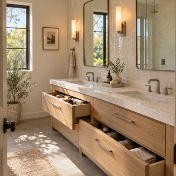 Green Tech Remodeling And Design - Bathroom design with a walk-in shower, warm wood vanity, and clean, modern finishes. - General Contractors Near Me - Los Angeles, California Green Tech Remodeling And Design - Bathroom design with a walk-in shower, warm wood vanity, and clean, modern finishes. - General Contractors Near Me - Los Angeles, California