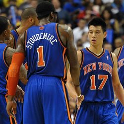 New York Knicks - JR Smith, Tyson Chander, Amar'e Stoudemire, Jeremy Lin, and Carmelo Anthony. Knicks era circa 2012.