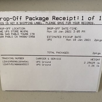 The UPS Store - Receipt that both packages were dropped off together - Shipping Centers Near Me - San Pablo, California