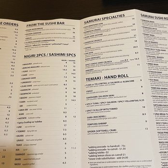 Samurai - Menu - Sushi Bars Near Me - Mill Valley, California