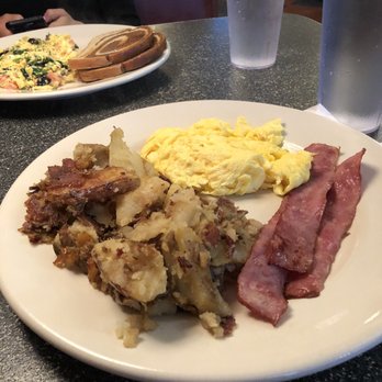 Thumbs Up Diner - Scrambled eggs, turkey bacon and spuds as part of the pancakes special order - Breakfast & Brunch Near Me - Atlanta, Georgia