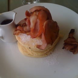 Buttermilk pancakes, double smoked bacon and maple syrup. Buttermilk pancakes, double smoked bacon and maple syrup.