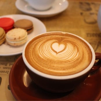 Thinking Cup - Latte with skim milk and four macarons: Raspberry, chocolate, coconut, and salted carmel. Delicious!! - Coffee & Tea Near Me - Boston, Massachusetts Thinking Cup - Latte with skim milk and four macarons: Raspberry, chocolate, coconut, and salted carmel. Delicious!! - Coffee & Tea Near Me - Boston, Massachusetts