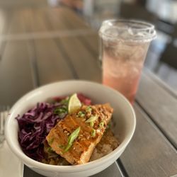 Stone Tower Brews - Salmon poke bowl; cannot remember the tea