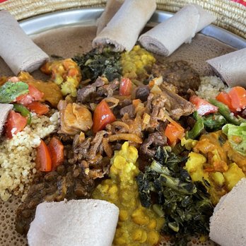 Arif Cafe - Veggie combo plus an added lamb meat (total ~$45).high recommend!!!! - Ethiopian Near Me - Dallas, Texas