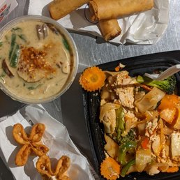 Green curry, drunken noodles, Thai egg rolls, crab cheese wonton Green curry, drunken noodles, Thai egg rolls, crab cheese wonton