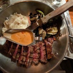 Special of the night - NY Strip with Garlic Mashed, roasted veggies and a lobster bisque to pour over Special of the night - NY Strip with Garlic Mashed, roasted veggies and a lobster bisque to pour over