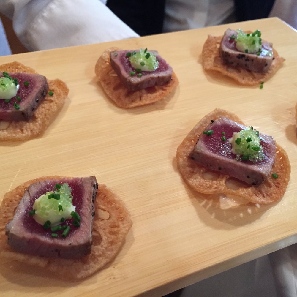 Napa Valley Catering - Seared Ahi Tuna on a Lotus Root Chip topped with Wasabi Aioli - Caterers Near Me - Napa, California