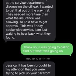 Young Collision Center - Layton North - Text conversation With Dana, who told me the ball was dropped cause she was on vacation,