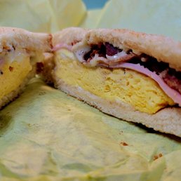 a ham and egg sandwich cut in half