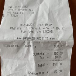 United Oil 76 - Today filler up receipt