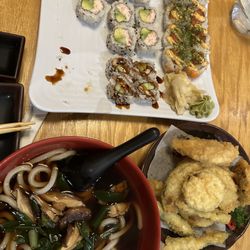 Sorry for missing pieces... couldn't wait. Spicy salmon, St. Louis, Cali and eel/cucumber rolls (kid friendly!). Tempura udon