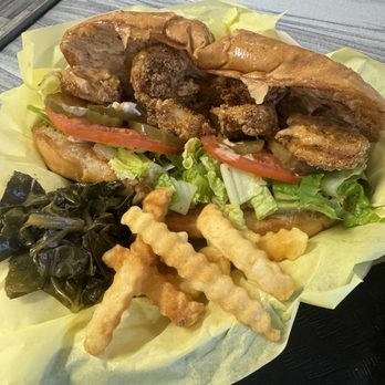 Chef2thebone Fish Fry & More - Shrimp Poboy, fries, and collard greens - Southern Near Me - Corona, California Chef2thebone Fish Fry & More - Shrimp Poboy, fries, and collard greens - Southern Near Me - Corona, California