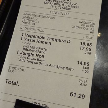 Akebono - Receipt / dinner for 2 will run you a little more than $60 - Japanese Near Me - Sacramento, California Akebono - Receipt / dinner for 2 will run you a little more than $60 - Japanese Near Me - Sacramento, California