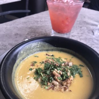 GRANVILLE - Amazing butternut squash soup topped with cranberries, walnuts and parsley! - New American Near Me - Studio City, California GRANVILLE - Amazing butternut squash soup topped with cranberries, walnuts and parsley! - New American Near Me - Studio City, California