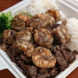 Garlic Shrimp and BBQ Beef plate. Shrimp be plump. Garlic Shrimp and BBQ Beef plate. Shrimp be plump.