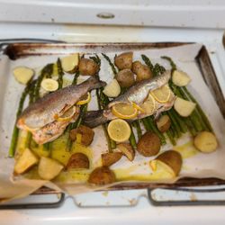 Spring Valley Trout Farm - Roasted trout with lemon, potatoes, and asparagus
