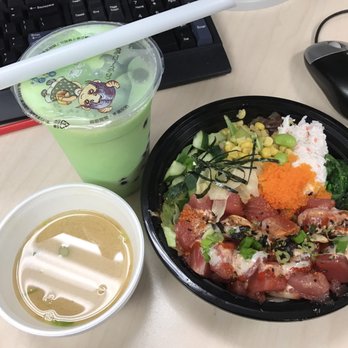 Coffee Tree & Poke - Spicy tuna bowl with miso soup and honeydew bubble tea. - Poke Near Me - Seattle, Washington Coffee Tree & Poke - Spicy tuna bowl with miso soup and honeydew bubble tea. - Poke Near Me - Seattle, Washington