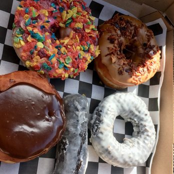 Rocco's Doughnut Company - Fruity Pebbles, maple bacon, Boston creme, chocolate glazed stick and chocolate glazed. YUM. - Donuts Near Me - Millbury, Massachusetts Rocco's Doughnut Company - Fruity Pebbles, maple bacon, Boston creme, chocolate glazed stick and chocolate glazed. YUM. - Donuts Near Me - Millbury, Massachusetts