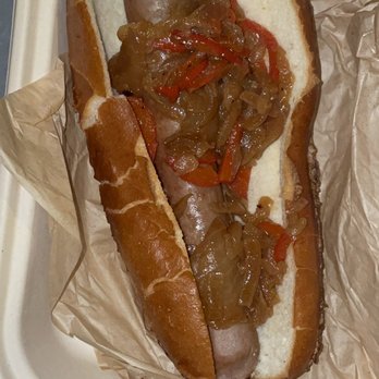 Metropolitan Grill - Hotdog with grilled onions & peppers - American Near Me - Seattle, Washington Metropolitan Grill - Hotdog with grilled onions & peppers - American Near Me - Seattle, Washington