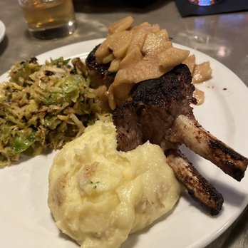 Fahrenheit 132 - Pork Chops with spicy delicious apples and to die for shredded brussel sprouts! - Steakhouses Near Me - Fredericksburg, Virginia Fahrenheit 132 - Pork Chops with spicy delicious apples and to die for shredded brussel sprouts! - Steakhouses Near Me - Fredericksburg, Virginia