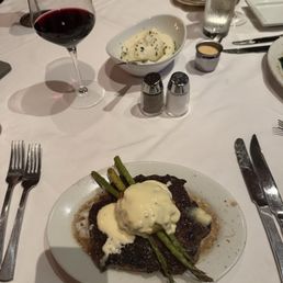 16 oz ribeye Oscar style with garlic mashed potatoes (top of pic) 16 oz ribeye Oscar style with garlic mashed potatoes (top of pic)