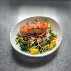 George's Of Galilee - Pearl Couscous Salad with Kale & Pineapples topped with Grilled Salmon